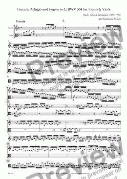 page one of Toccata, Adagio and Fugue in C, BWV 564 for Violin & Viola