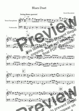 page one of Blues Duet for Tenor Saxophone and Cello Duet