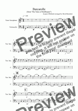 page one of Barcarolle "The Tales of Hoffman" for Tenor Saxophone and Cello Duet