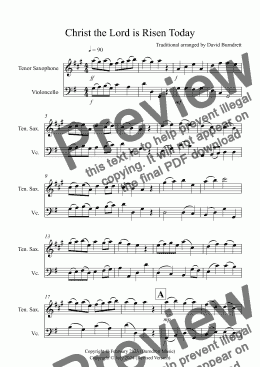 page one of Christ the Lord is Risen Today for Tenor Saxophone and Cello Duet