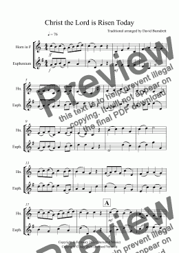 page one of Christ the Lord is Risen Today for Horn and Euphonium Duet