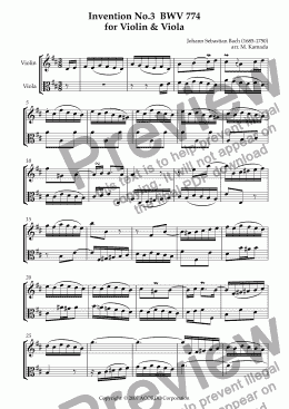 page one of Invention No.3 BWV 774 for Violin & Viola