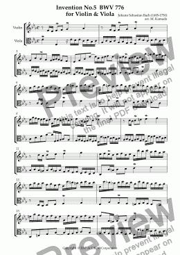 page one of Invention No.5 BWV 776 for Violin & Viola