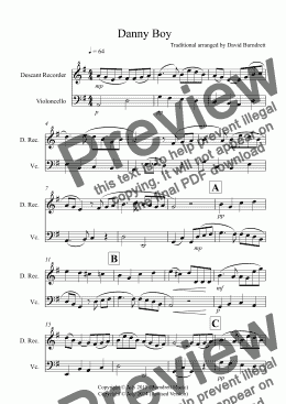 page one of Danny Boy for Descant Recorder and Cello Duet