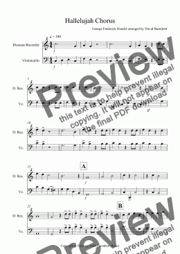 page one of Hallelujah Chorus for Descant Recorder and Cello Duet