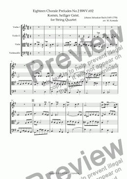 page one of Eighteen Chorale Preludes No.2 BWV.652  Komm, heiliger Geist. for String Quartet (2 Violins, Viola & Cello)