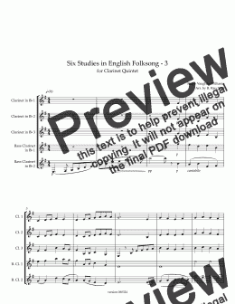 page one of Six Studies in English Folksong - #3 for Clarinet Quintet