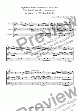 page one of Eighteen Chorale Preludes No.5 BWV.655 Herr Jesu Christ, dich zu uns wend. for String Trio (2 Violins & Cello)