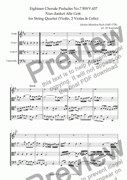 page one of Eighteen Chorale Preludes No.7 BWV.657 Nun danket Alle Gott. for String Quartet (Violin, 2 Violas & Cello)