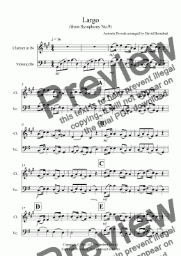 page one of Largo (from The New World) for Clarinet and Cello Duet