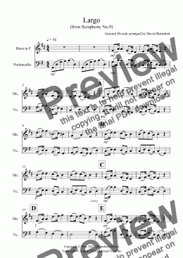 page one of Largo (from The New World) for Horn and Cello Duet