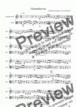 page one of Greensleeves for Trumpet and Viola Duet