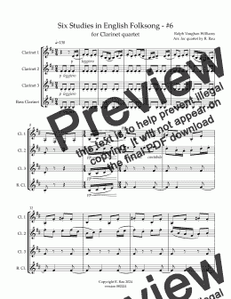 page one of Six Studies in English Folksong - #6 for Clarinet quartet