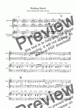 page one of Wedding March (from a Midsummer Night's Dream) for Euphonium and Tuba Duet