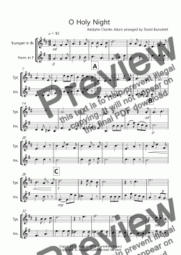 page one of O Holy Night for Trumpet and Horn Duet