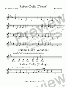 page one of Rubber Dolly (Theme) - Violin D Major - Full Score