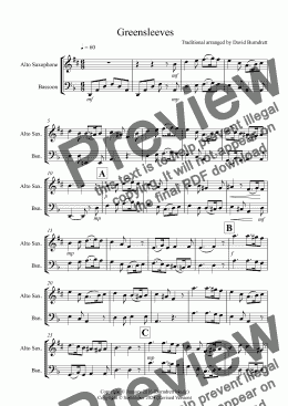 page one of Greensleeves for Alto Saxophone and Bassoon Duet