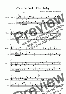 page one of Christ the Lord is Risen Today for Descant Recorder and Cello Duet