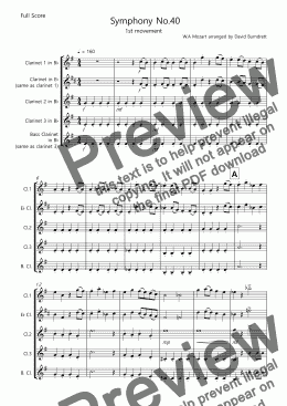 page one of Symphony No.40 (1st movement) for Mixed Clarinet Trio