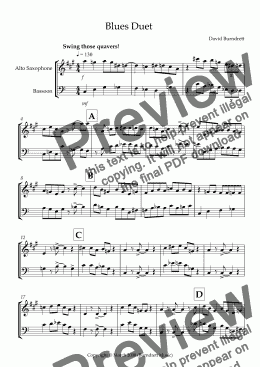 page one of Blues Duet for Alto Saxophone and Bassoon Duet