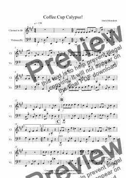 page one of Coffee Cup Calypso! for Clarinet and Cello Duet