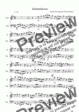 page one of Greensleeves for Flute and Tuba Duet