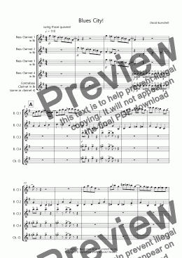 page one of Blues City! for Bass Clarinet Quartet