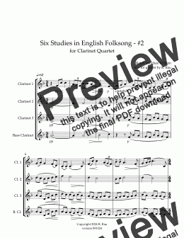 page one of Six Studies in English Folksong - #2 for Clarinet Quartet