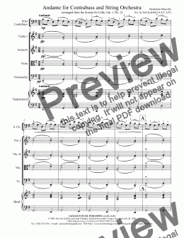 page one of Andante for Contrabass and String Orchestra (arranged from the Sonata in E minor for Cello, Op. 1, No. 2)