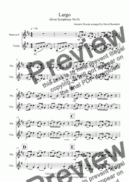 page one of Largo (from the New World Symphony) for Horn and Violin Duet