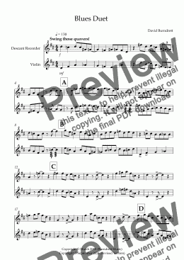 page one of Blues Duet for Descant Recorder and Violin Duet