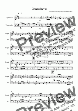 page one of Greensleeves for Euphonium and Cello Duet