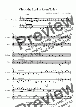 page one of Christ the Lord is Risen Today for Descant Recorder and Violin Duet