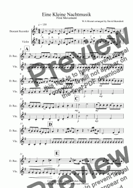 page one of Eine Kleine Nachtmusik (1st movement) for Descant Recorder and Violin Duet