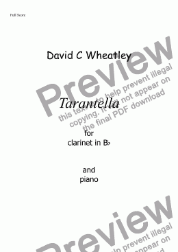 page one of tarantella for Bb clarinet and piano by David C Wheatley