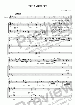 page one of B'ein Meilitz (Malavsky), arr. for cantor and male choir TTBB