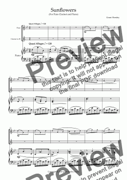 page one of Sunflowers. Flute, Clarinet and Piano- Intermediate