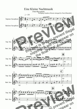 page one of Eine Kleine Nachtmusik (1st movement) for Soprano and Baritone Saxophone Duet