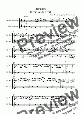 page one of Rondeau (From Abdelazer) for Soprano and Alto Saxophone Duet