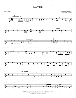 page one of Lover (Recorder Solo)