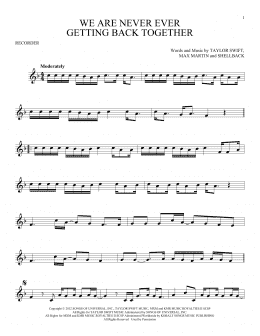 page one of We Are Never Ever Getting Back Together (Recorder Solo)