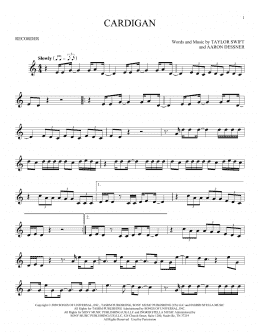 page one of cardigan (Recorder Solo)