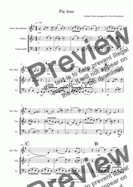 page one of Pie Jesu (from Requiem) for Tenor Saxophone, Violin and Cello Trio