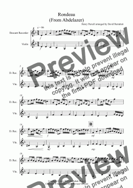 page one of Rondeau (From Abdelazer) for Descant Recorder and Violin Duet