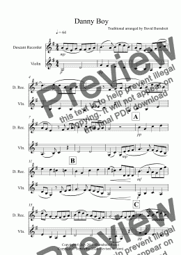 page one of Danny Boy for Descant Recorder and Violin Duet