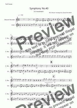 page one of Symphony No.40 (1st movement) for Descant Recorder and Violin Duet