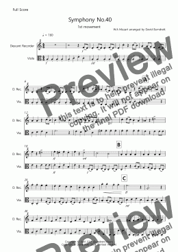 page one of Symphony No.40 (1st movement) for Descant Recorder and Viola Duet