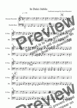 page one of In Dulci Jubilo for Descant Recorder and Double Bass Duet