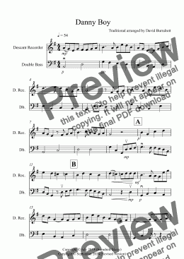 page one of Danny Boy for Descant Recorder and Double Bass Duet