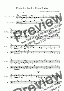 page one of Christ the Lord is Risen Today for Descant Recorder and Double Bass Duet